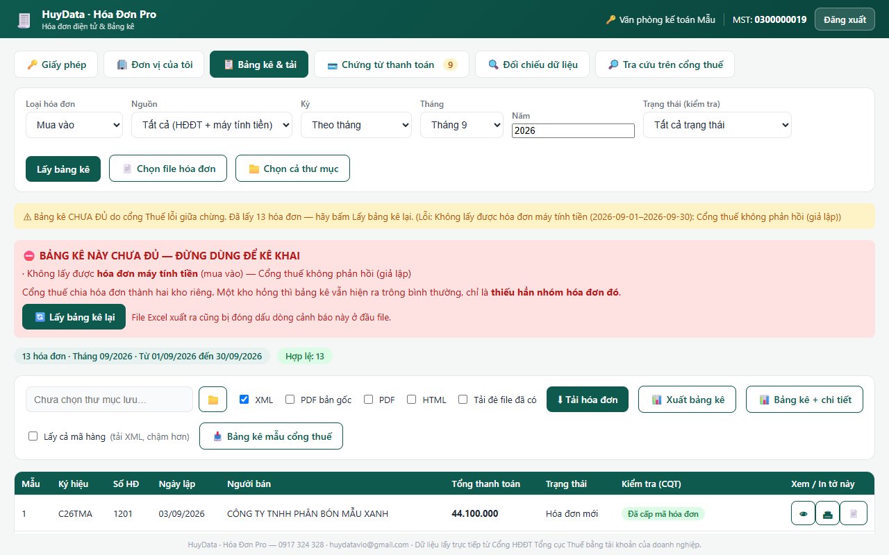 Hóa Đơn Pro báo dải đỏ “Bảng kê này chưa đủ” khi cổng thuế trả thiếu hóa đơn máy tính tiền (dữ liệu mẫu)